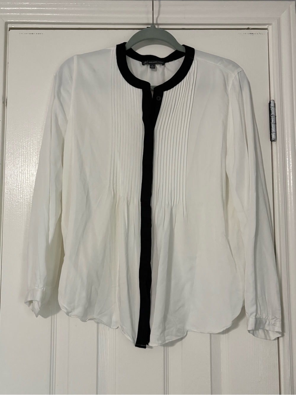 Adrianna Papell White Button-Front Pintuck Shirt with Black Trim
